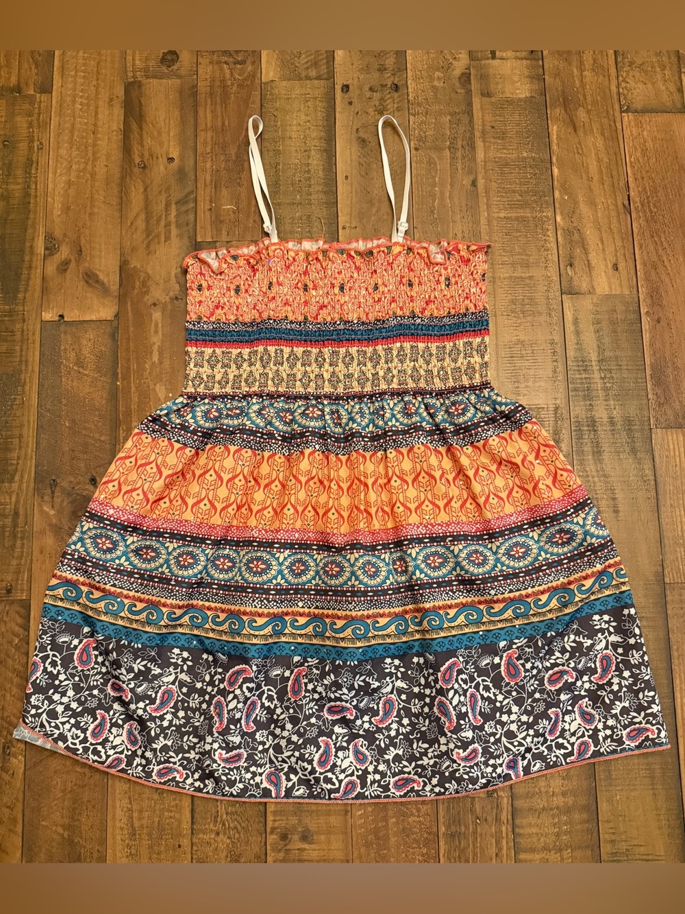Bongo Smocked Boho Sundress – Size Youth Large - Multicolor Paisley & Floral